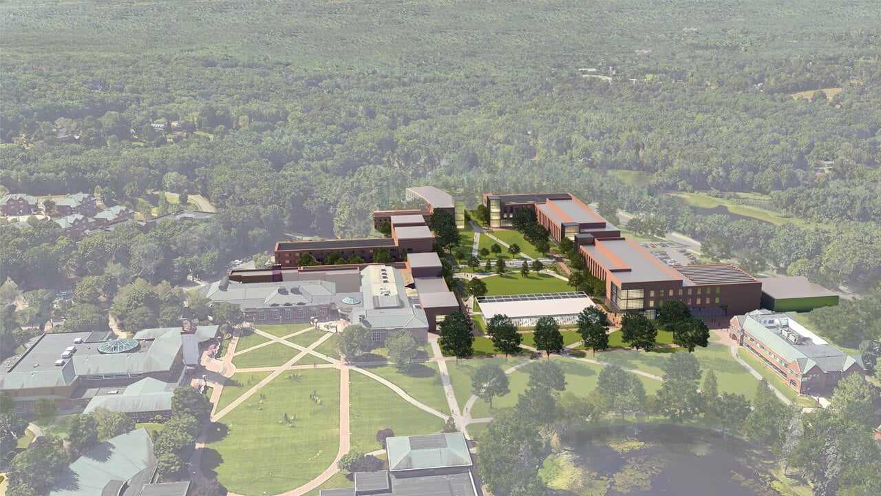 Aerial view of Mount Carmel Campus with new construction renderings