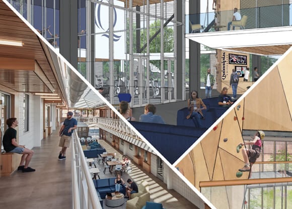 Renderings of the newly designed student center and other campus areas