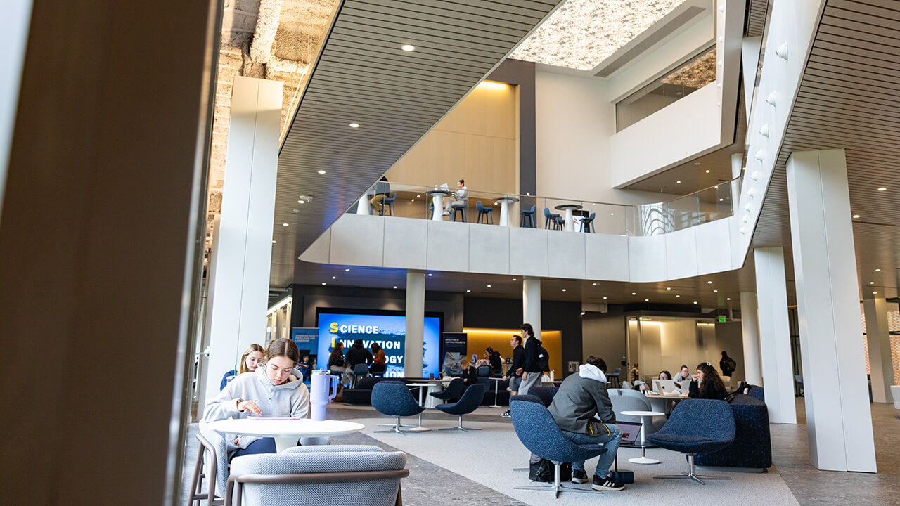 The Site atrium filled with different groups of students sitting at tables and on couches, talking and studying