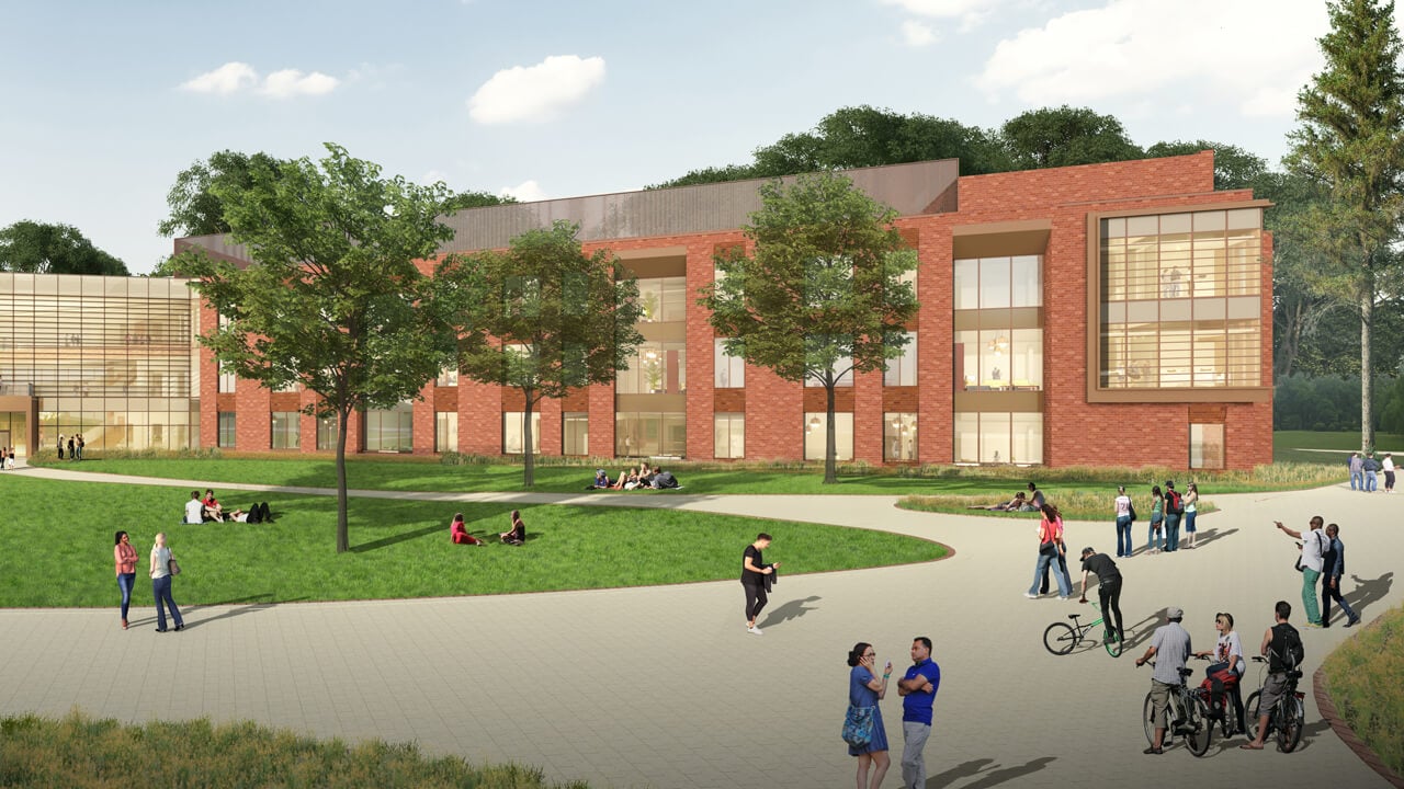 Rendering of the exterior of the new academic building The SITE with brick and bright windows