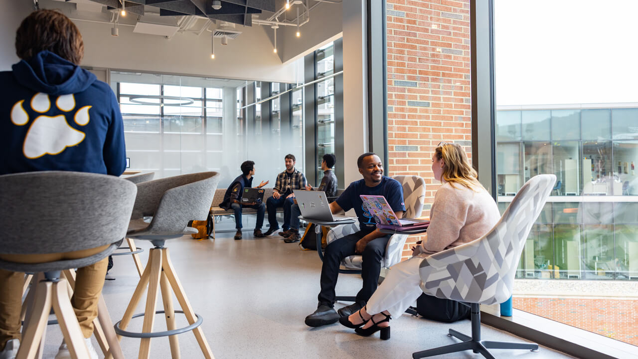 Students collaborating with one another in the SITE's lounge