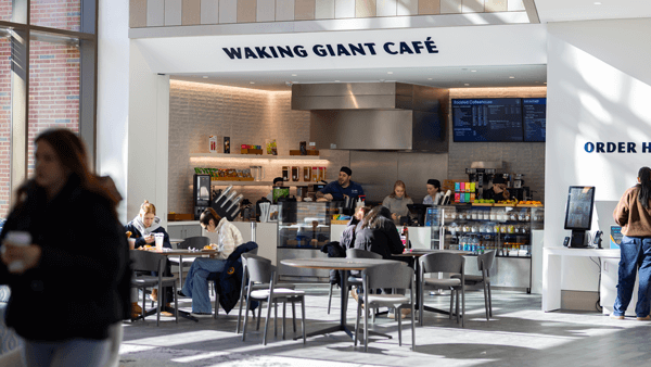 Students study in talk in chairs around the Waking Giant Cafe