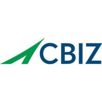 CBIZ logo, blue letters with a green swash on a white background.