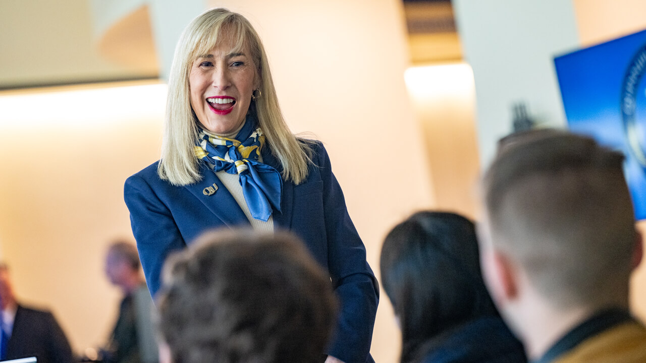 Incoming President Hardin smiling at students