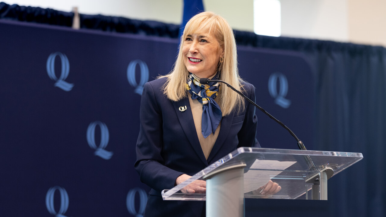 Incoming President Hardin speaks at a podium