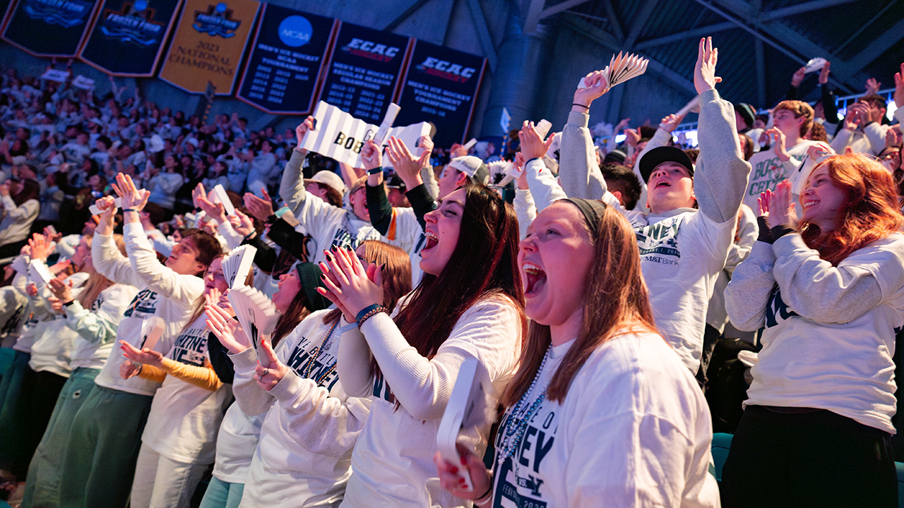 Student section celebrates one of Quinnipiac's goal during the Men's ice hockey game