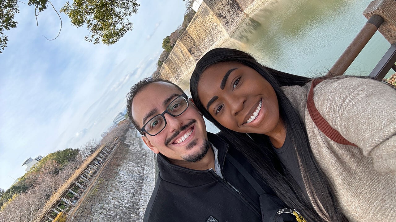 kenisha mcfadden and stephen mendez smile together