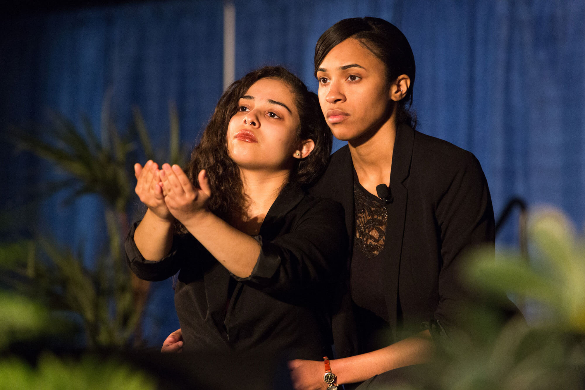 Two performers how emotion during a presentation on stage.