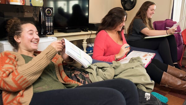 3 students studying together in their common room