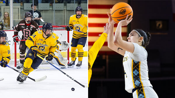 A Quinnipiac women's basketball player shoots, and two men's ice hockey players skate away from a Brown player