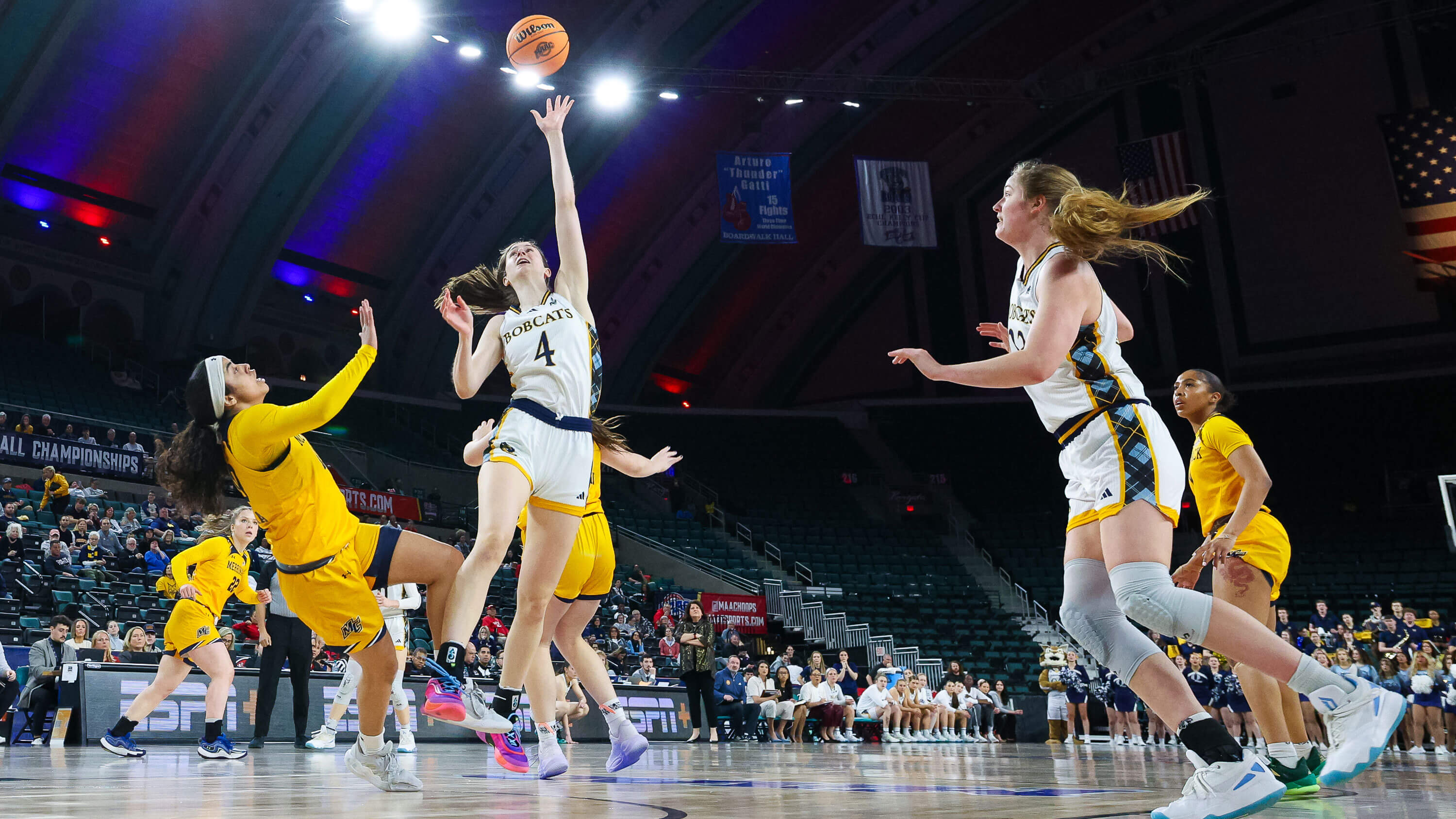 A Quinnipiac women's basketball player makes a shot during the MAAC Semifinals.