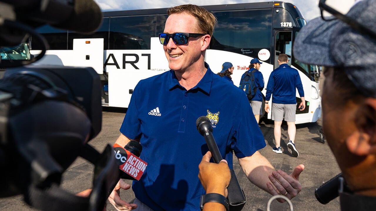 Coach Rand Pecknold speaks with the media.