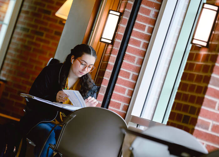 A student studies literature from a textbook.