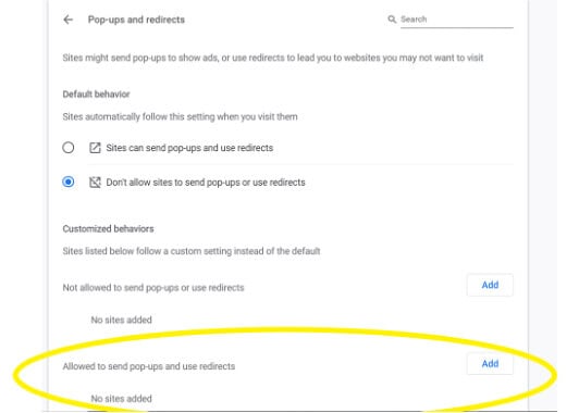 Click add for Allowed to send pop-ups and redirects