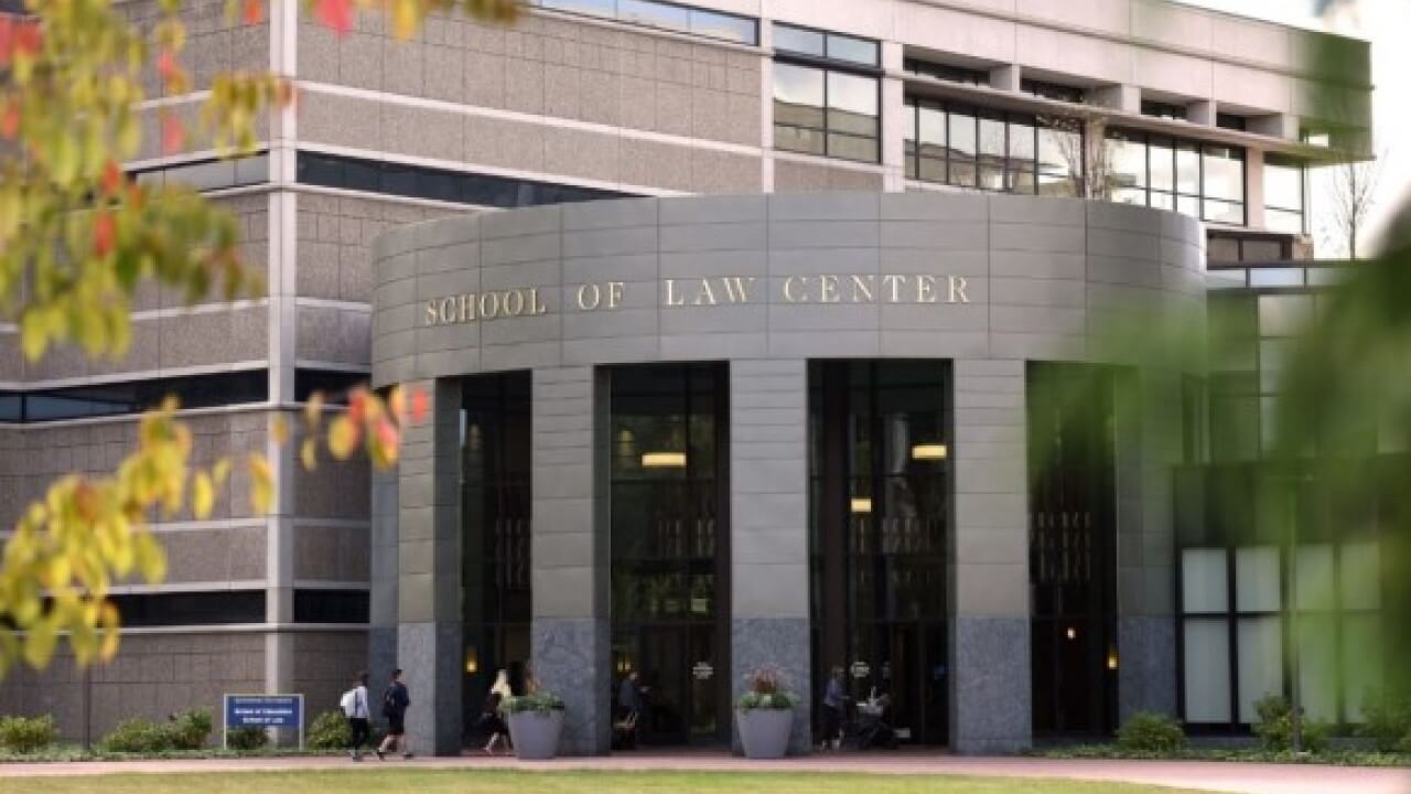 exterior of the School of Law Center during Fall