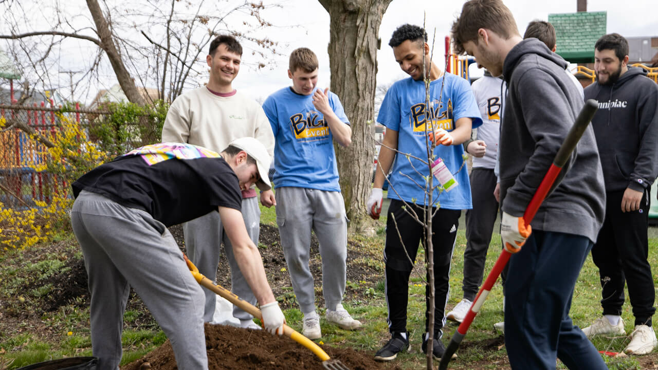 Students work together to dig hole