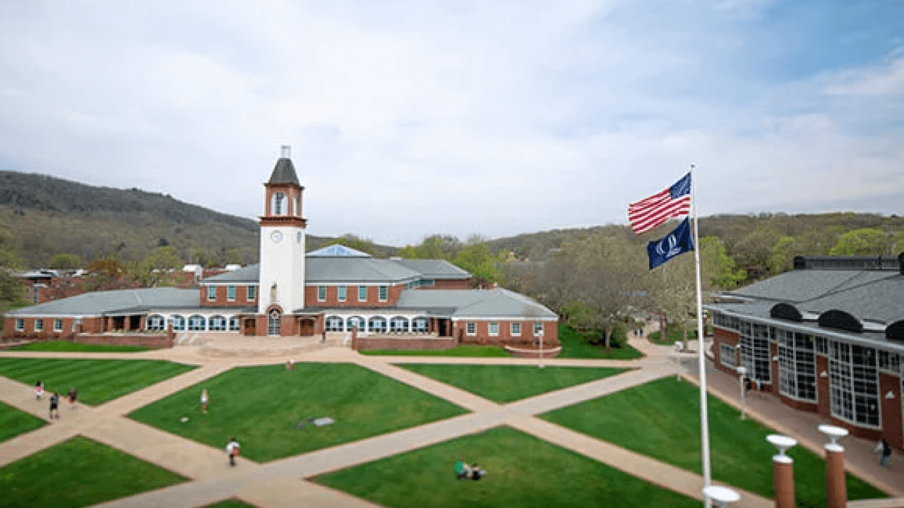 Aerial view of the Mount Carmel Campus quad and library