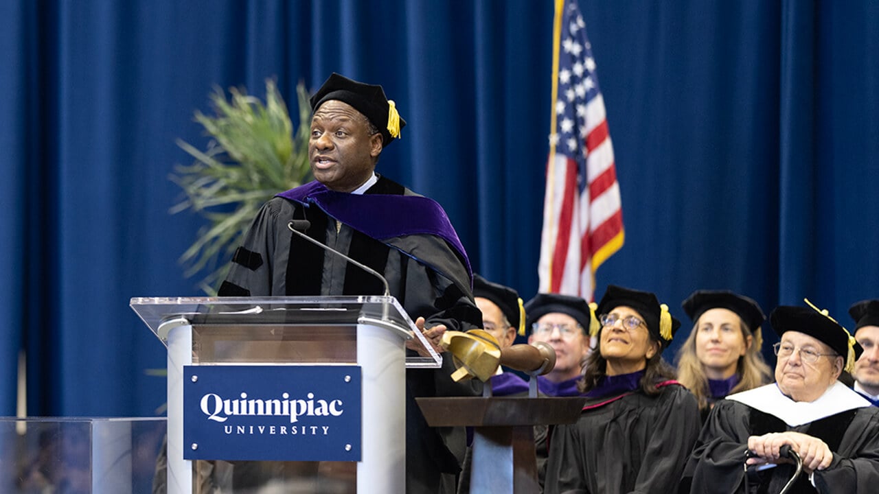 Keynote speaker, the Honorable Victor Allen Bolden, United States District Court, District of Connecticut, addresses graduates