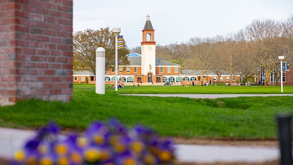 The Mount Carmel Campus Quad looking toward the Arnold Bernhard Library clocktower.