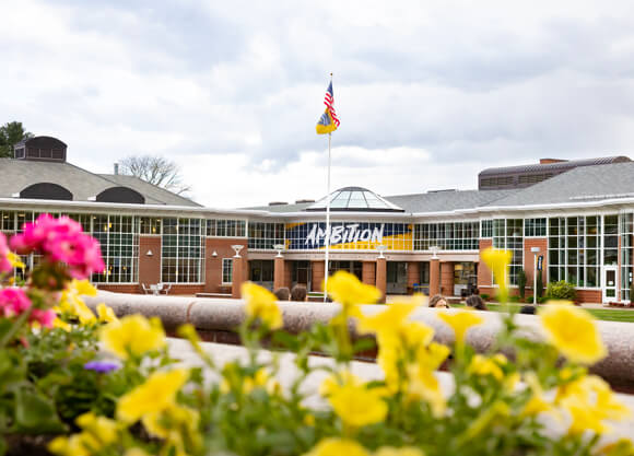 Flowers bloom outside the Quinnipiac student center on a clear day