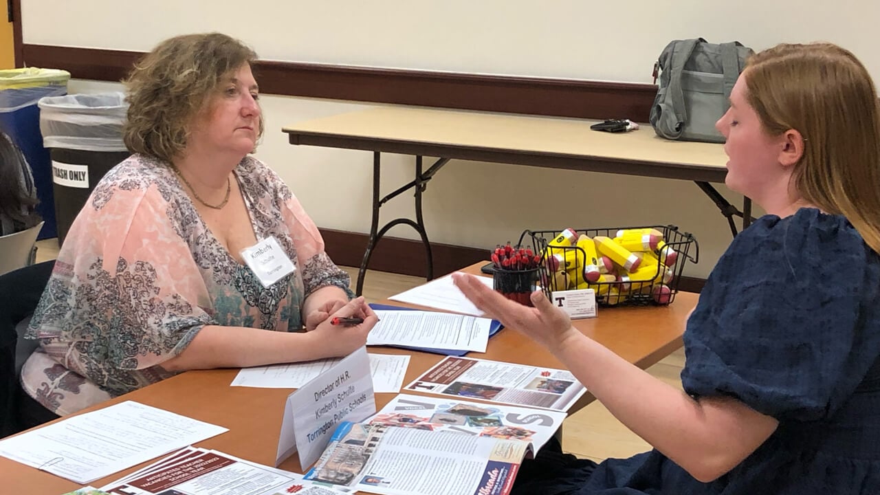 Students in the School of Education participate in a session of mock interviews with principals and superintendents from across the state of Connecticut.