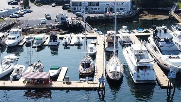 aerial view of a marina on a sunny day