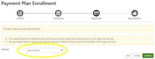 Select the payment method to use for all payment plan payments (and down payment, if applicable.)