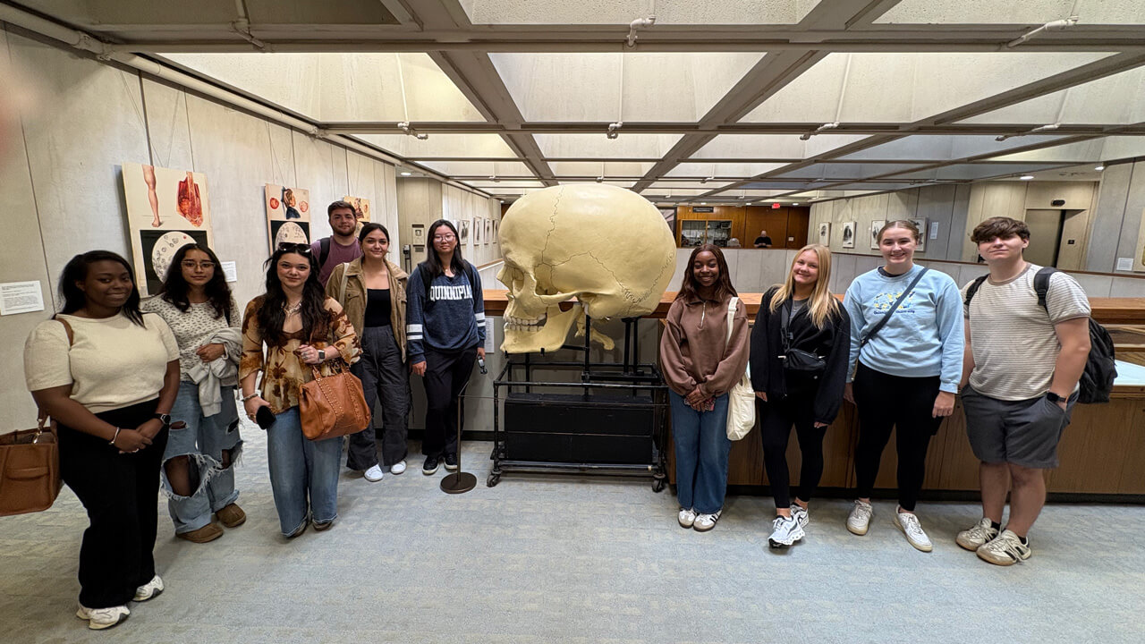 A group of students stands on either side of a large model of a skull in profile.