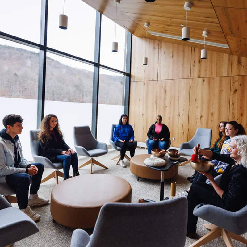 A group of students and a therapist participate in group therapy