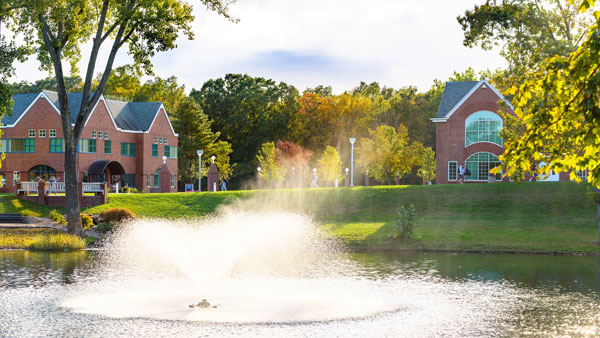 Scenic view of the water fountain located alongside the Center for Communications and Engineering