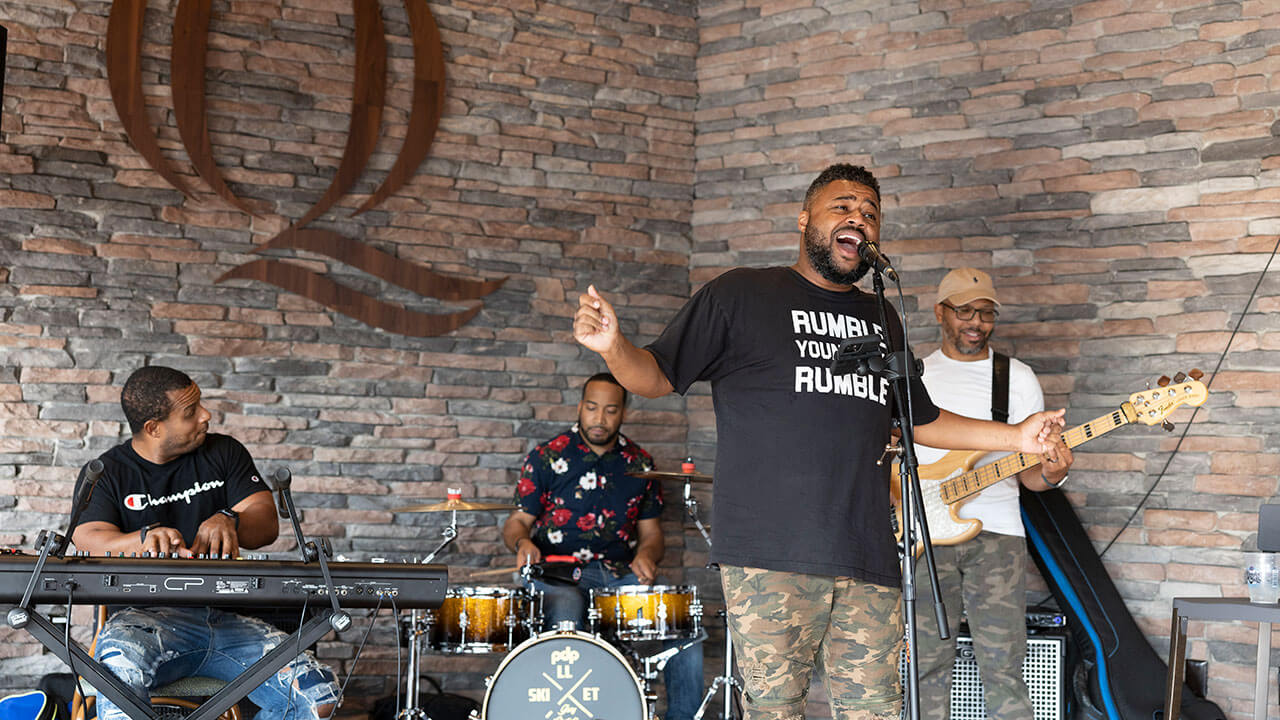 A band plays at On the Rocks during Bobcat Weekend