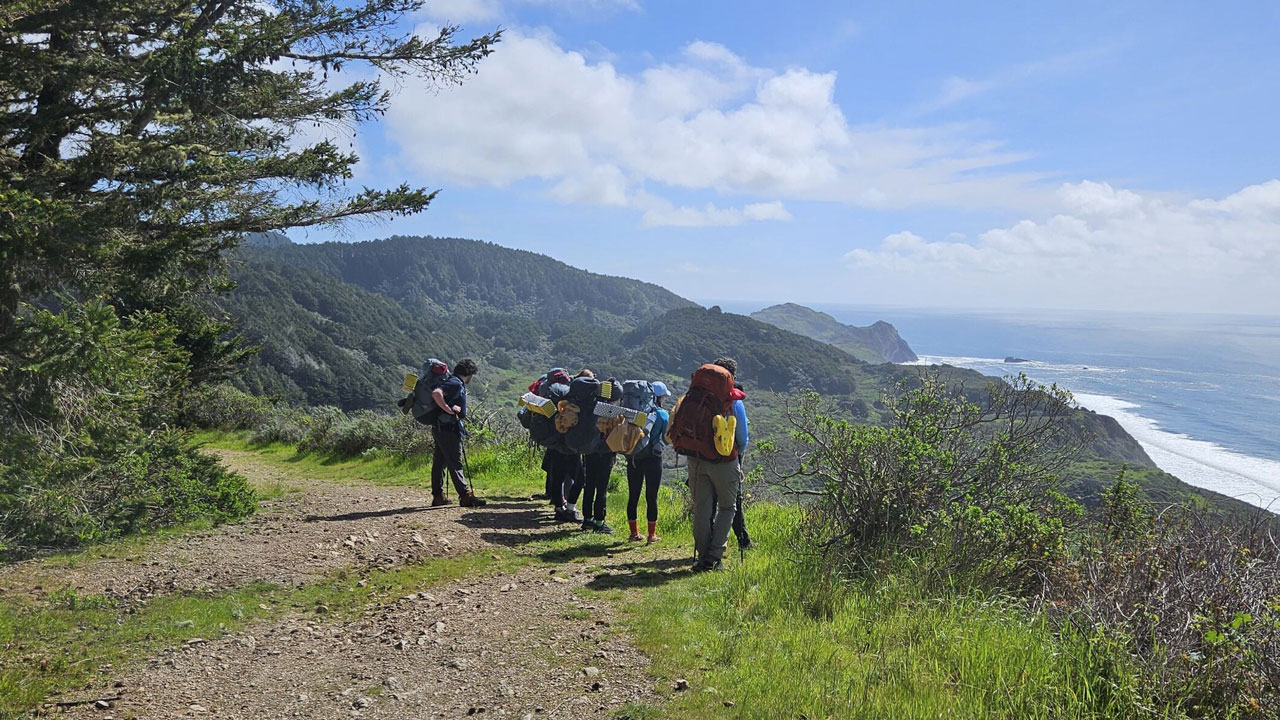 Students look out at a view of the ocean at the summit of a hike