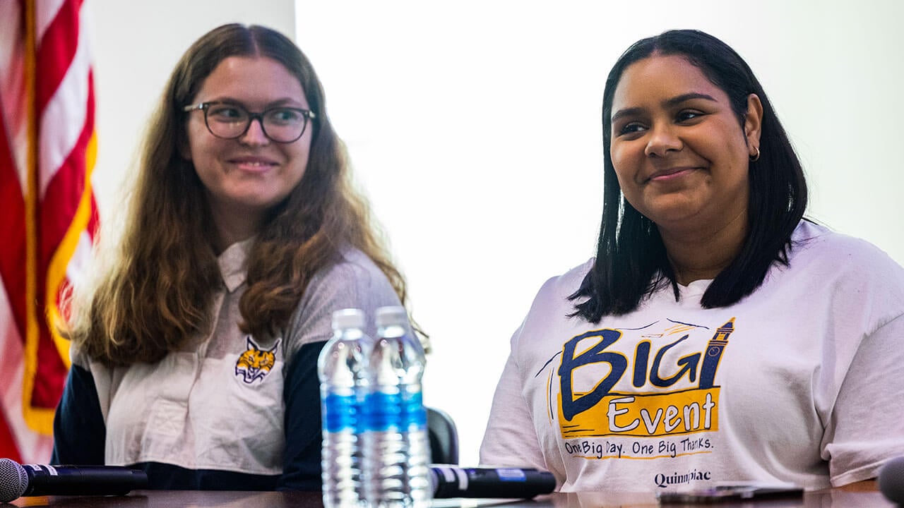 Students listen as President Olian gives the State of the University address during Bobcat Weekend