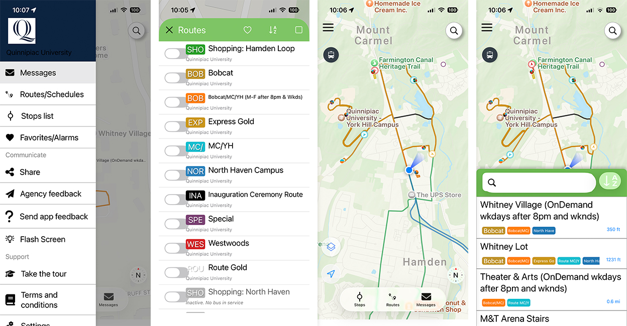 Screen capture of Passio Go shuttle app with menu, maps, routes and stops