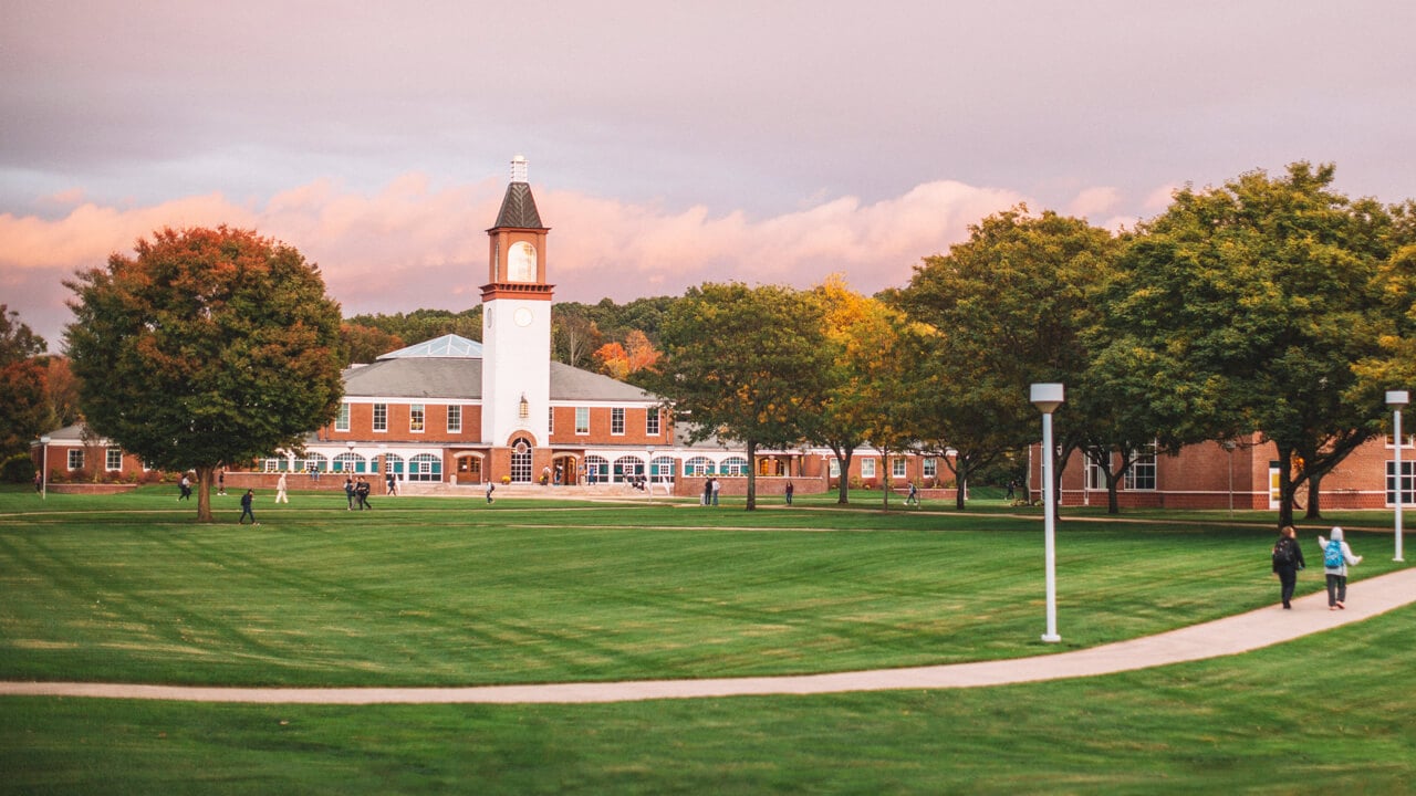 Arnold Bernhard Library and quad at twilight