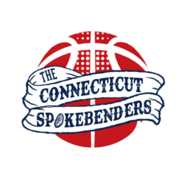 The Connecticut Spokebenders logo that features a red basketball and a white ribbon going around the basketball with the words "The Connecticut Spokebenders"