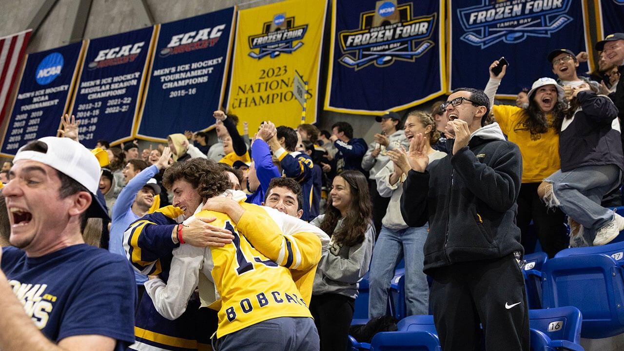 Two Bobcats hug one another in the stands