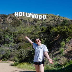 Ephemia Nicolakis in front of the Hollywood sign