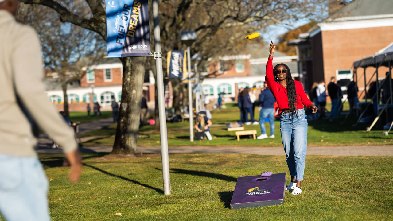 People play lawn games on at the bobcat welcome celebration on the Mount Carmel Campus.