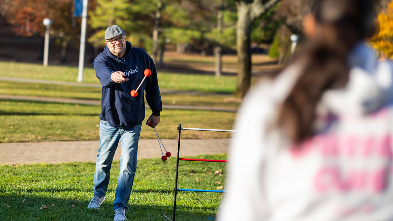 People play lawn games on at the bobcat welcome celebration on the Mount Carmel Campus.