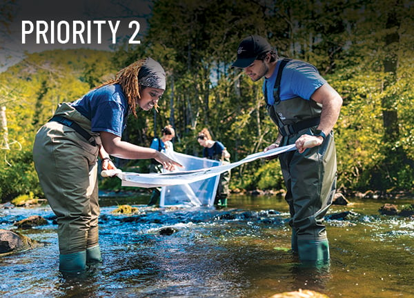 Priority 2: Two students in wading pants stand in a river collecting samples