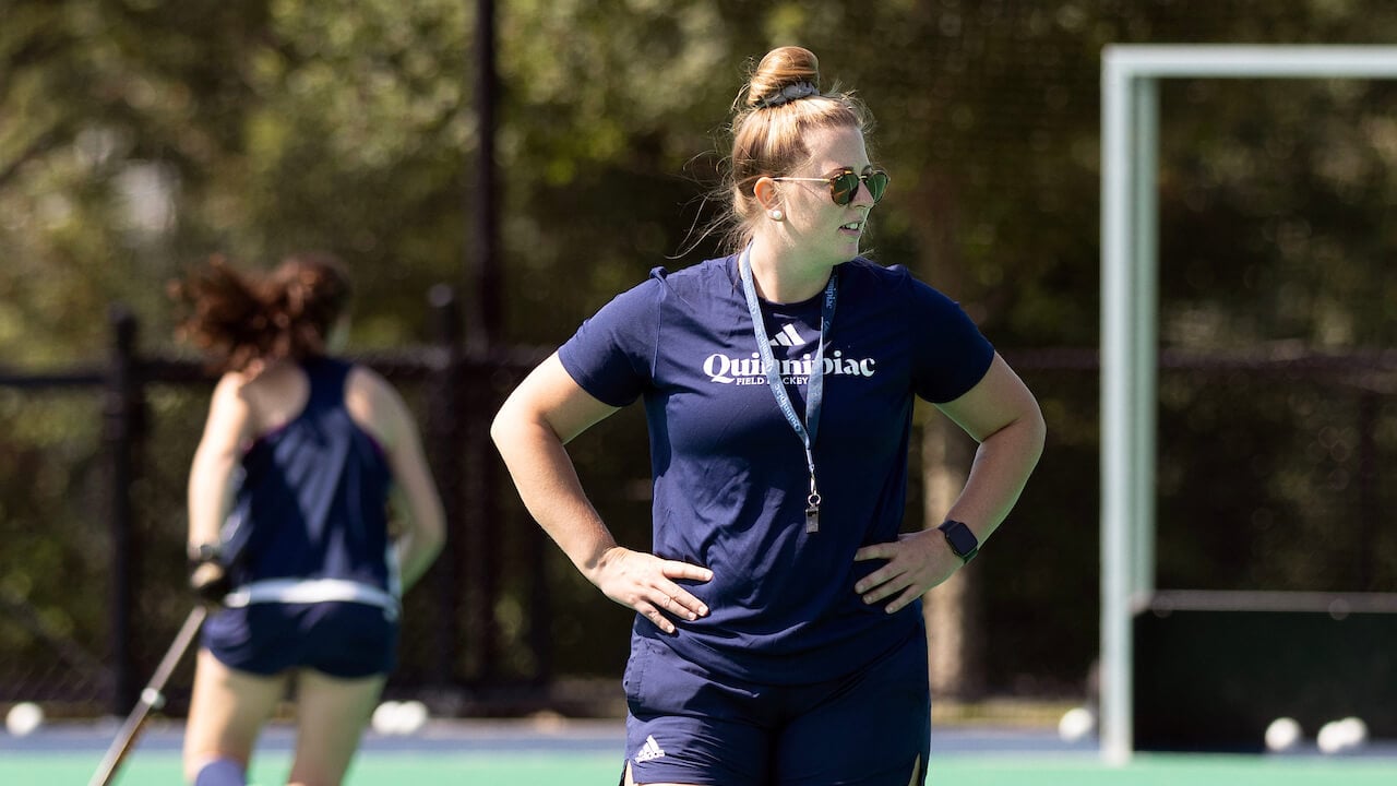 First-year field hockey coach Nina Klein is shown at practice in August 2023.