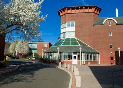 Ledges residence hall on a clear spring day