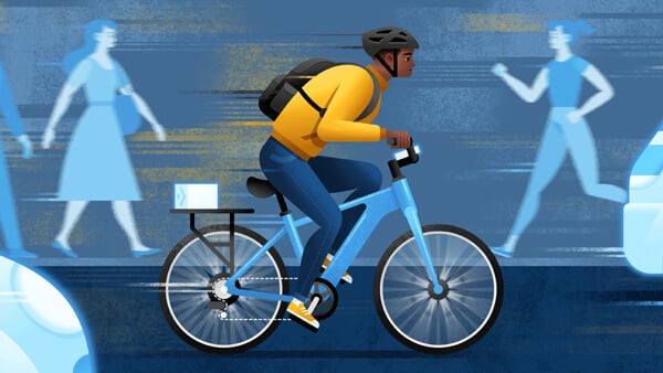 Illustration of a biker on a busy road while people walk behind and cars drive by