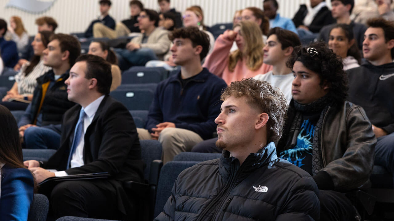 Students in the audience listening to the Boehringer Ingelheim panel speak