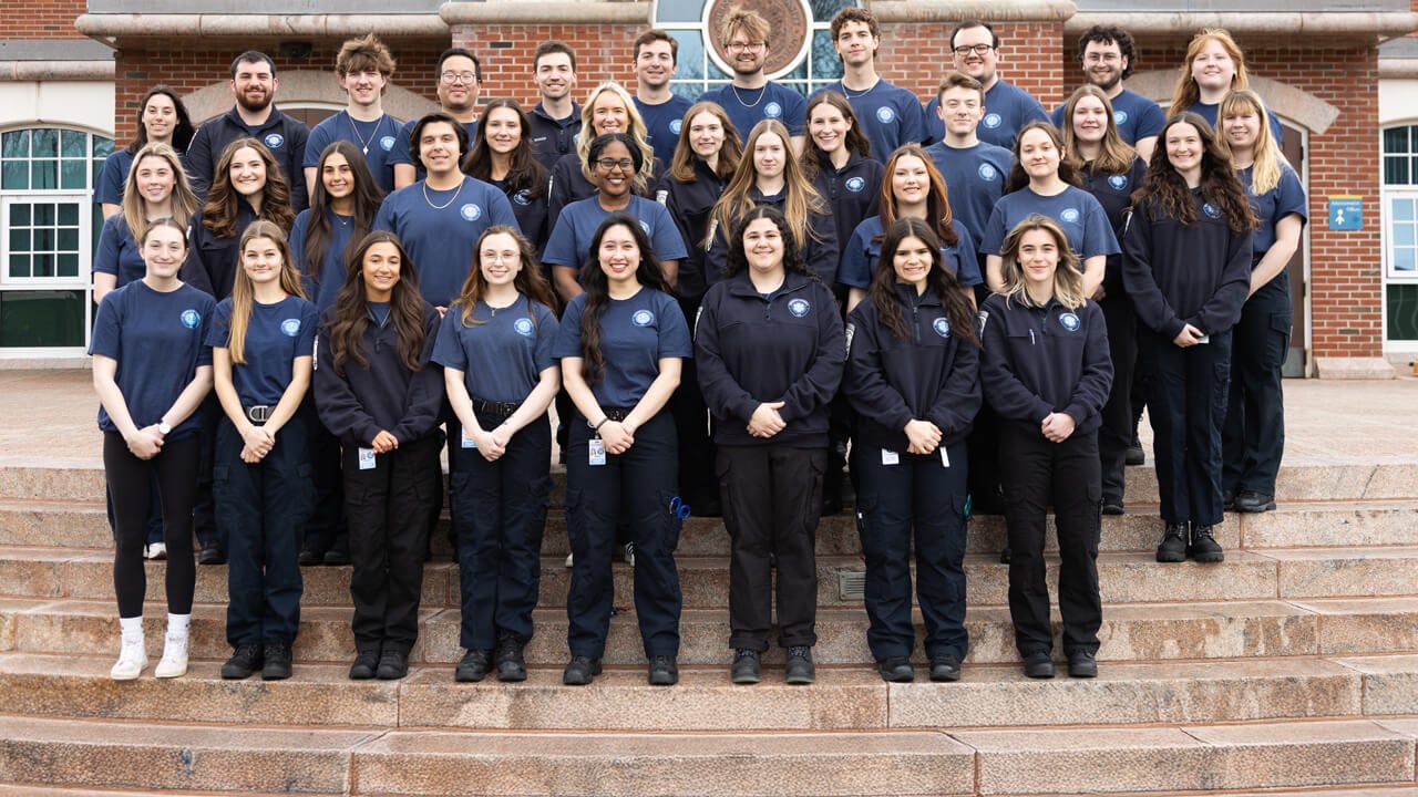 Quinnipiac University EMS students on the library steps.