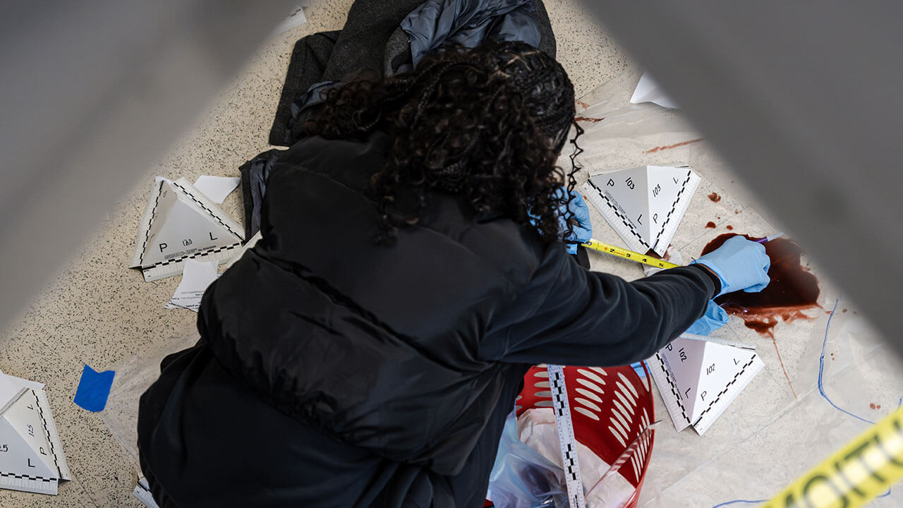 Professor Lisa Kaplan organizes a crime scene exercise for students pursuing a minor in forensic science.