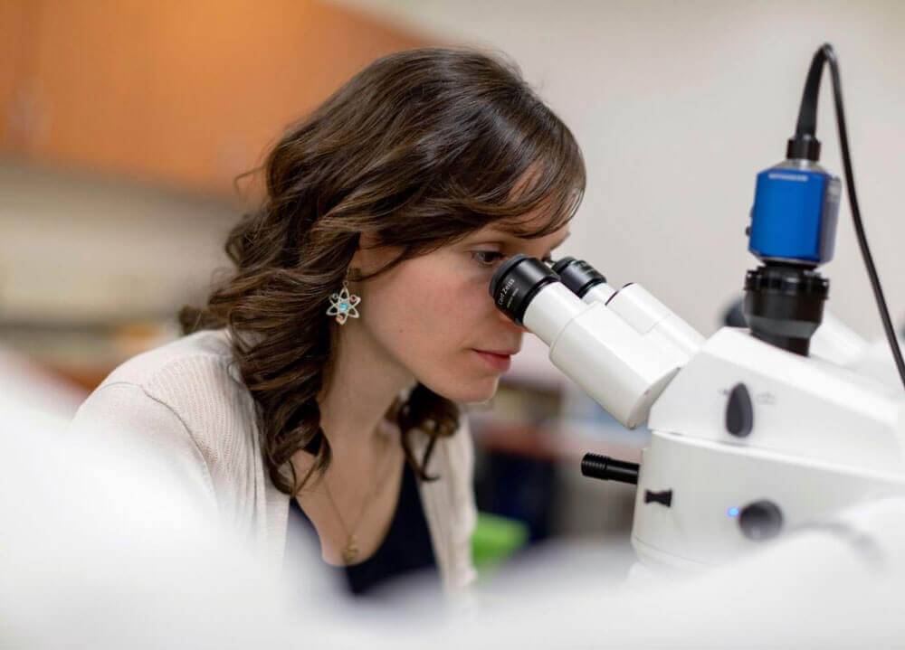 Pitroff looking through microscope