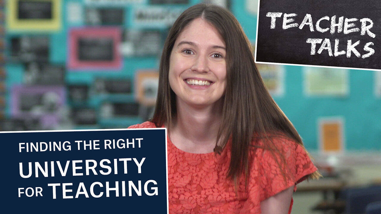 A School of Education alumna smiles at the camera, start of video