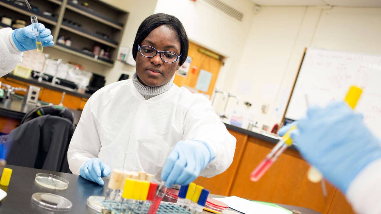 A student wears a lab coat and gloves while working with lab equipment.